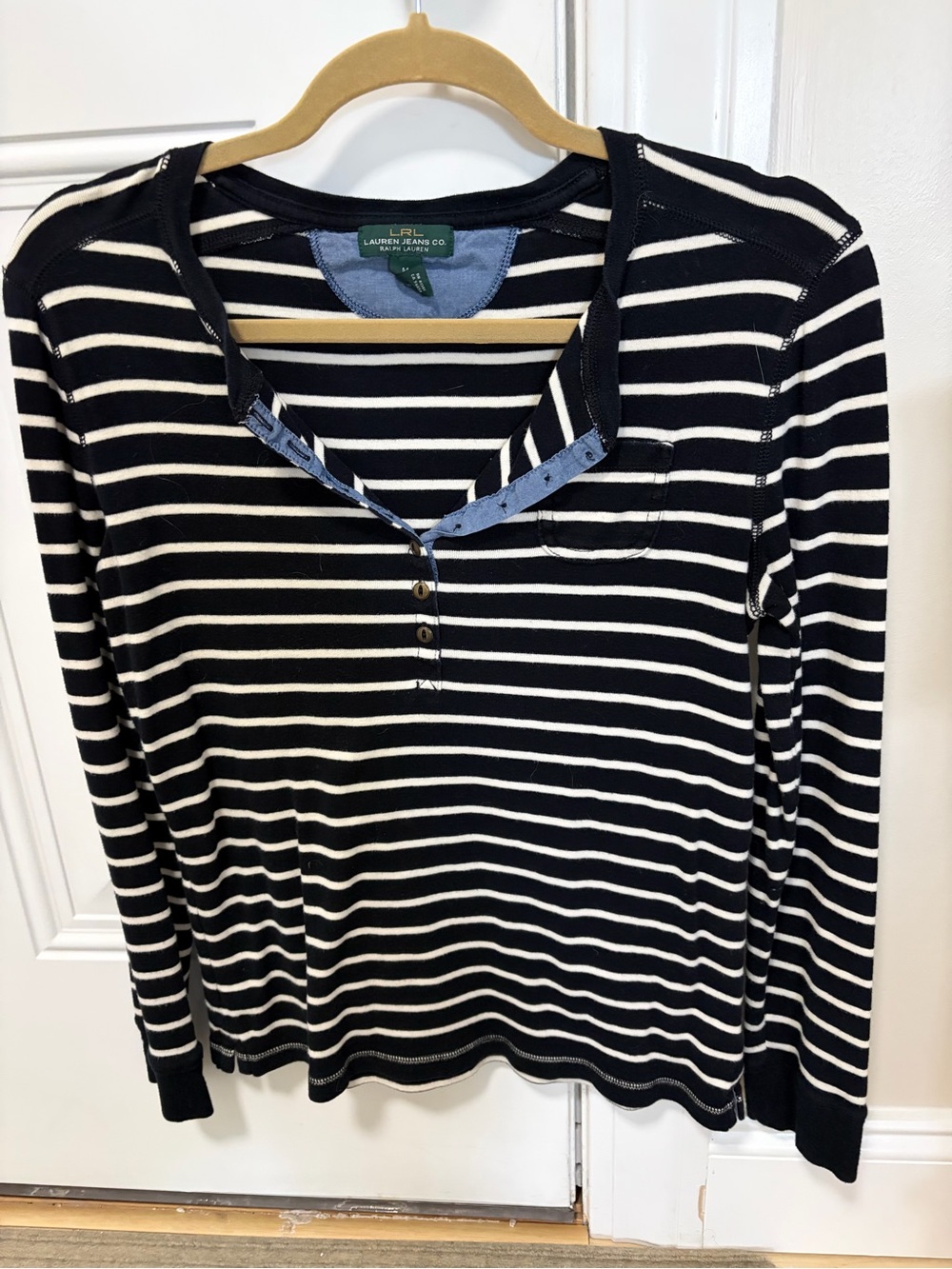 Ralph Lauren Striped Henley Long Sleeve Top - Black & White